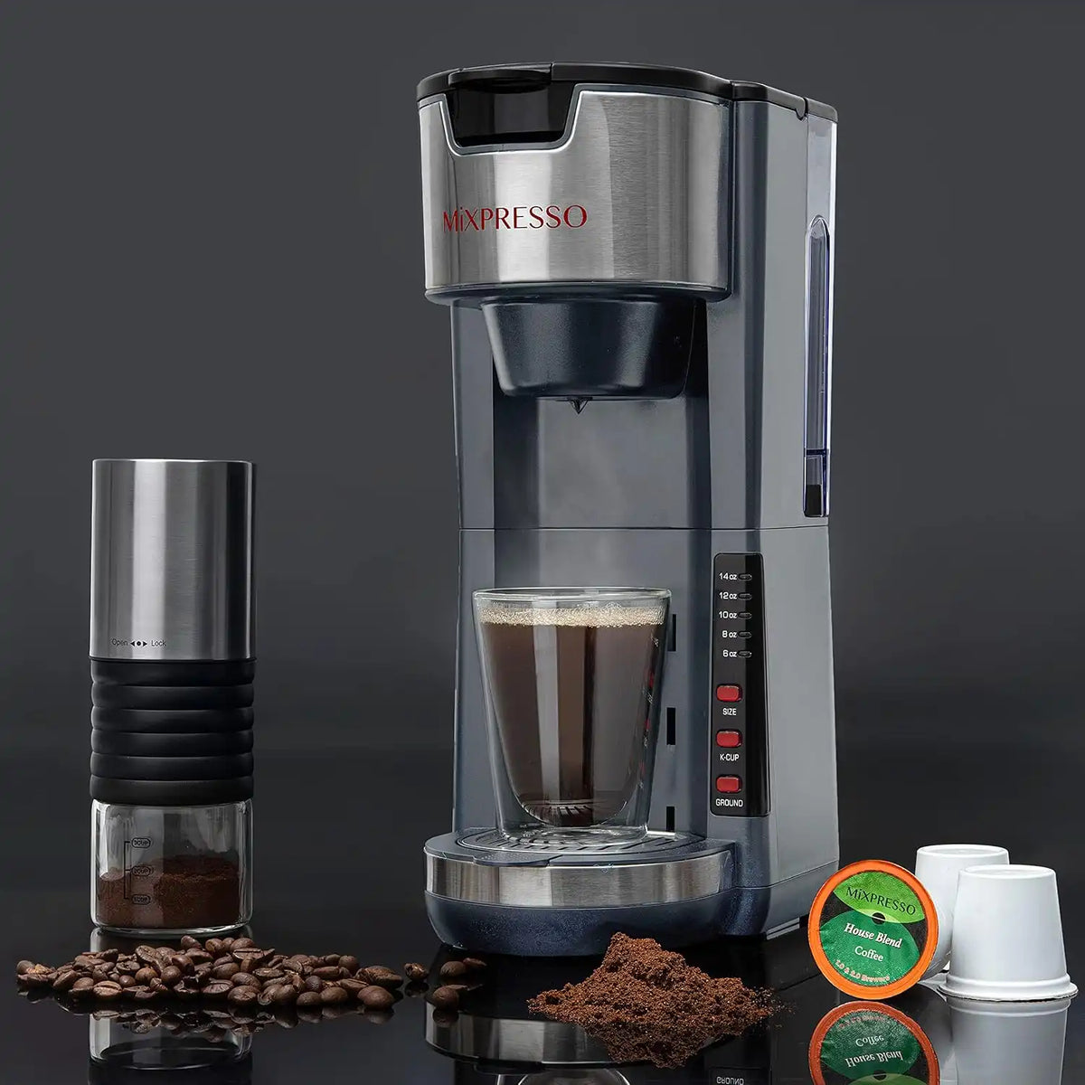 Mixpresso Gray Single Serve Coffee Brewer K-Cup Pods Compatible & Ground