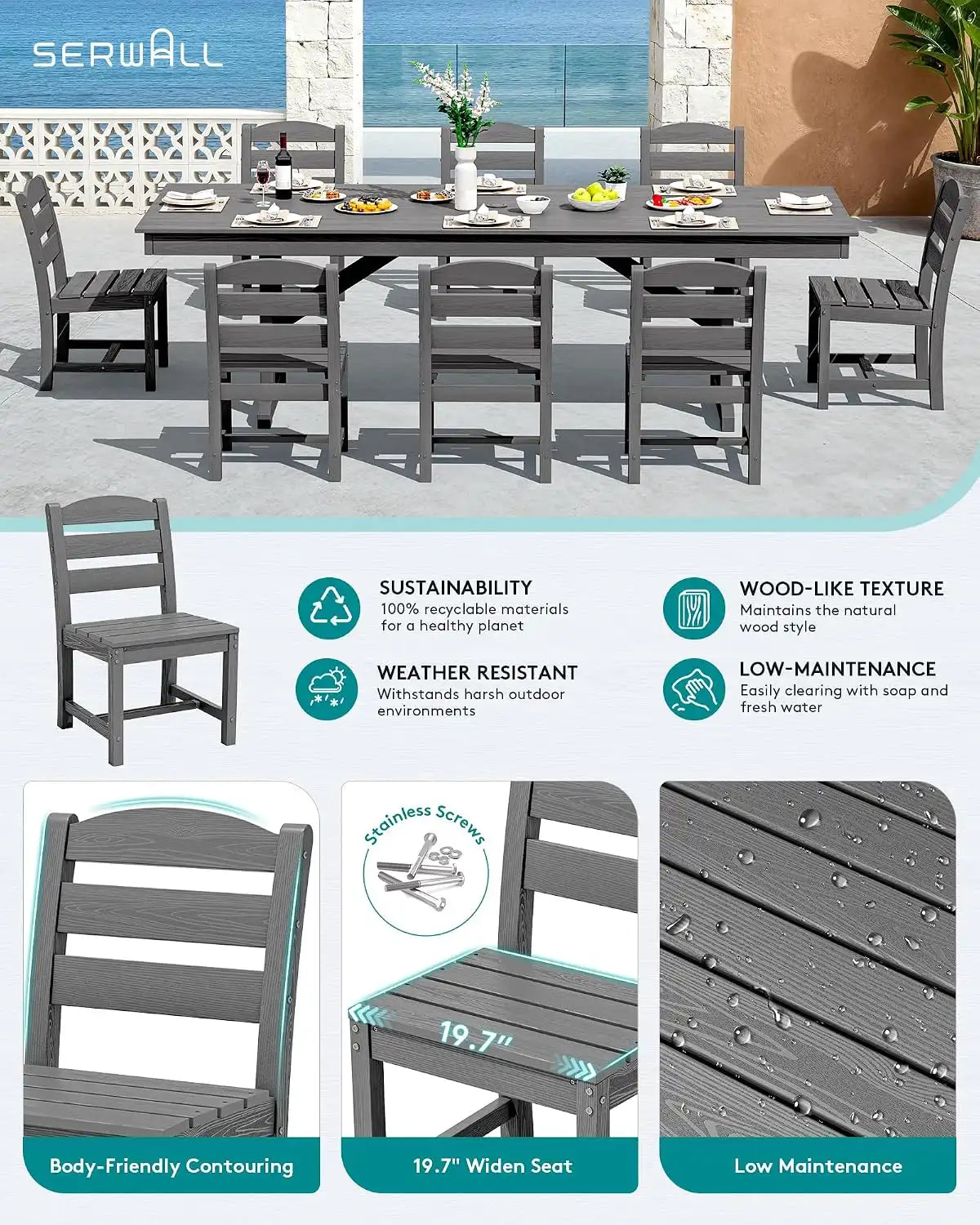 SERWALL Patio HDPE Armless Dining Chairs Set of 2, Grey