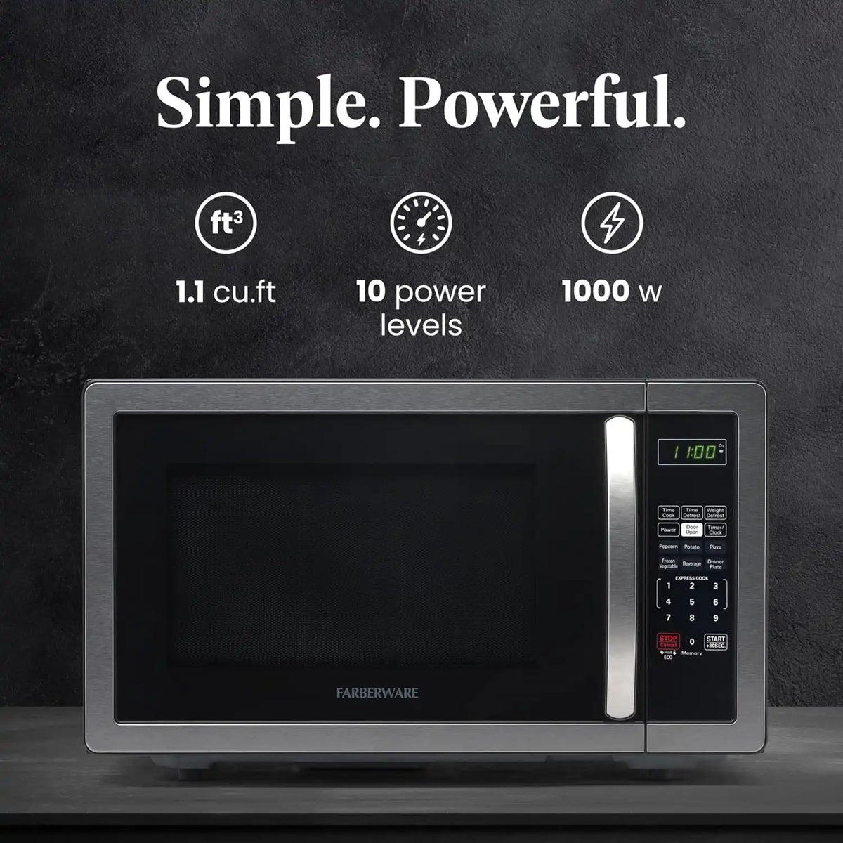 Farberware Countertop Microwave Oven 1.1 cu.ft.1000 Watts, Stainless steel