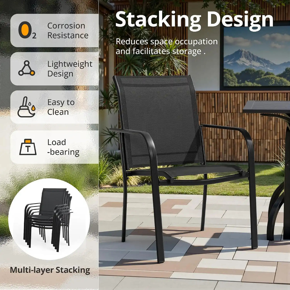 SUNCROWN 6 - Piece Outdoor Dining Set, Patio Furniture Set with 4 Textilene Dinning Chairs, 1 Steel Slat Metal Bistro Table and 1 Sky Blue 9Ft Patio Umbrella for Lawn Garden Backyard Deck, Black