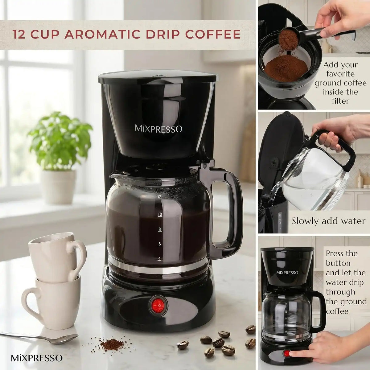 Mixpresso 12 Cup Drip Coffee Maker, Coffee Pot with Reusable Filter, Black