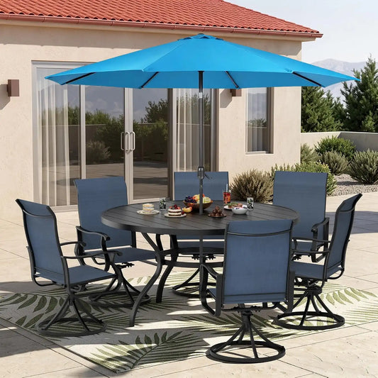 SUNCROWN 8-Piece Outdoor Dining Set, All Weather Patio Furniture Sets with 6 Dark Blue Swivel Textilene Mesh Chairs & Round Metal Table & 1 Light Blue 9Ft Umbrella for Deck Garden Backyard Poolside