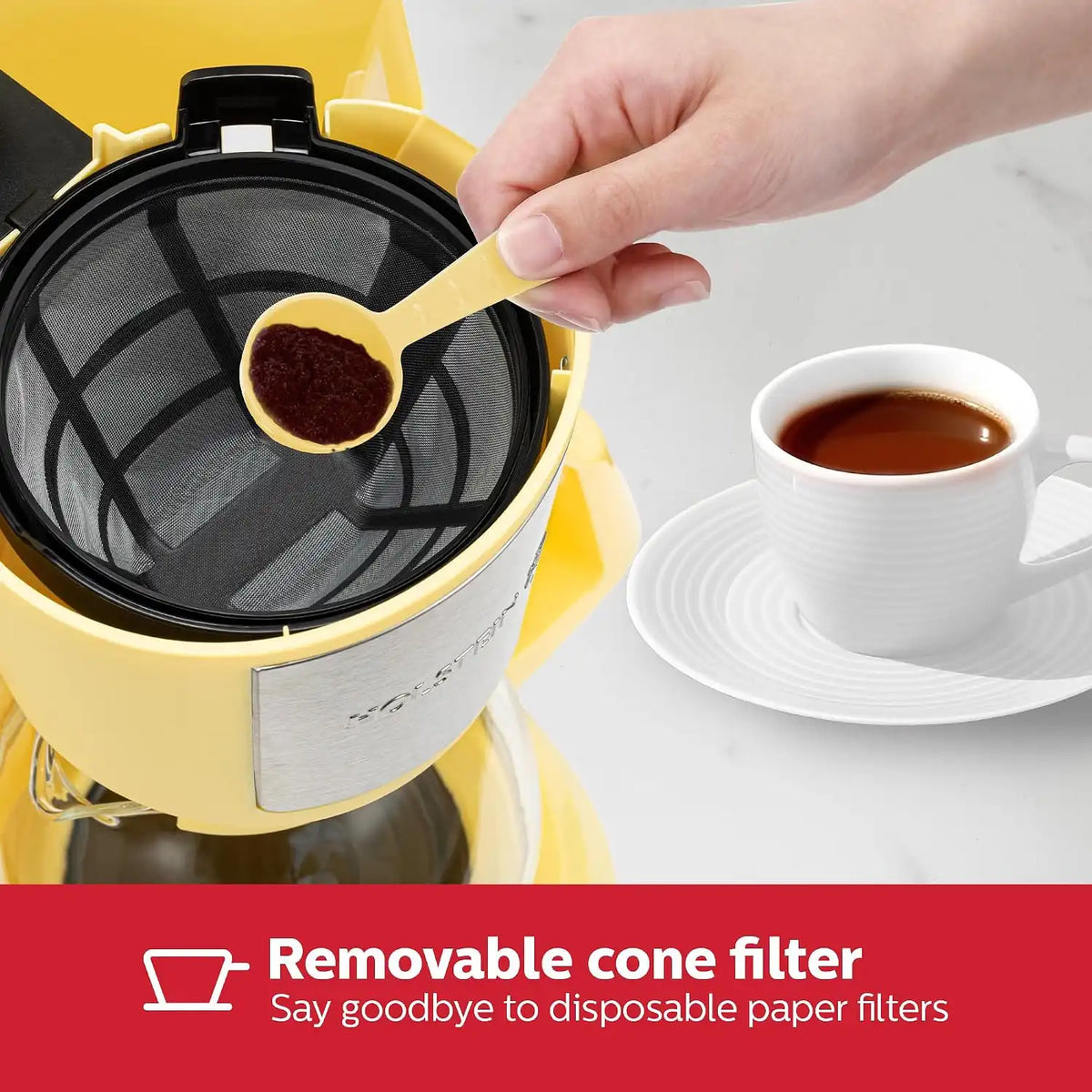 Holstein Housewares - 5 Cup Drip Coffee Maker - Convenient and User Friendly with Permanent Filter, Borosilicate Glass Carafe, Water Level Indicator, Auto Pause/Serve and Keep Warm Functions,Yellow