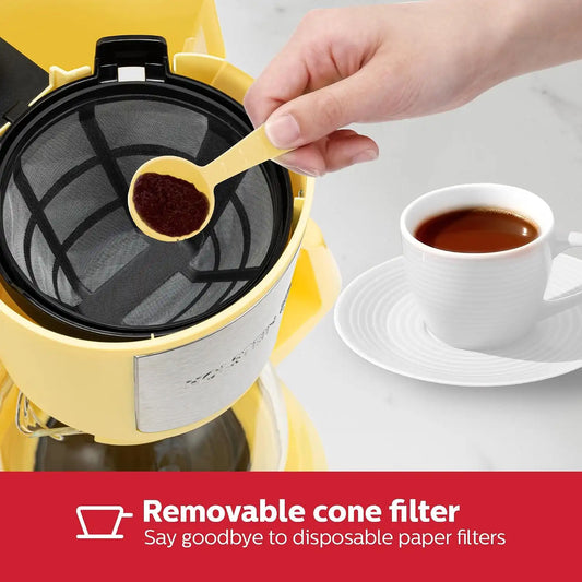 Holstein Housewares - 5 Cup Drip Coffee Maker - Convenient and User Friendly with Permanent Filter, Borosilicate Glass Carafe, Water Level Indicator, Auto Pause/Serve and Keep Warm Functions,Yellow
