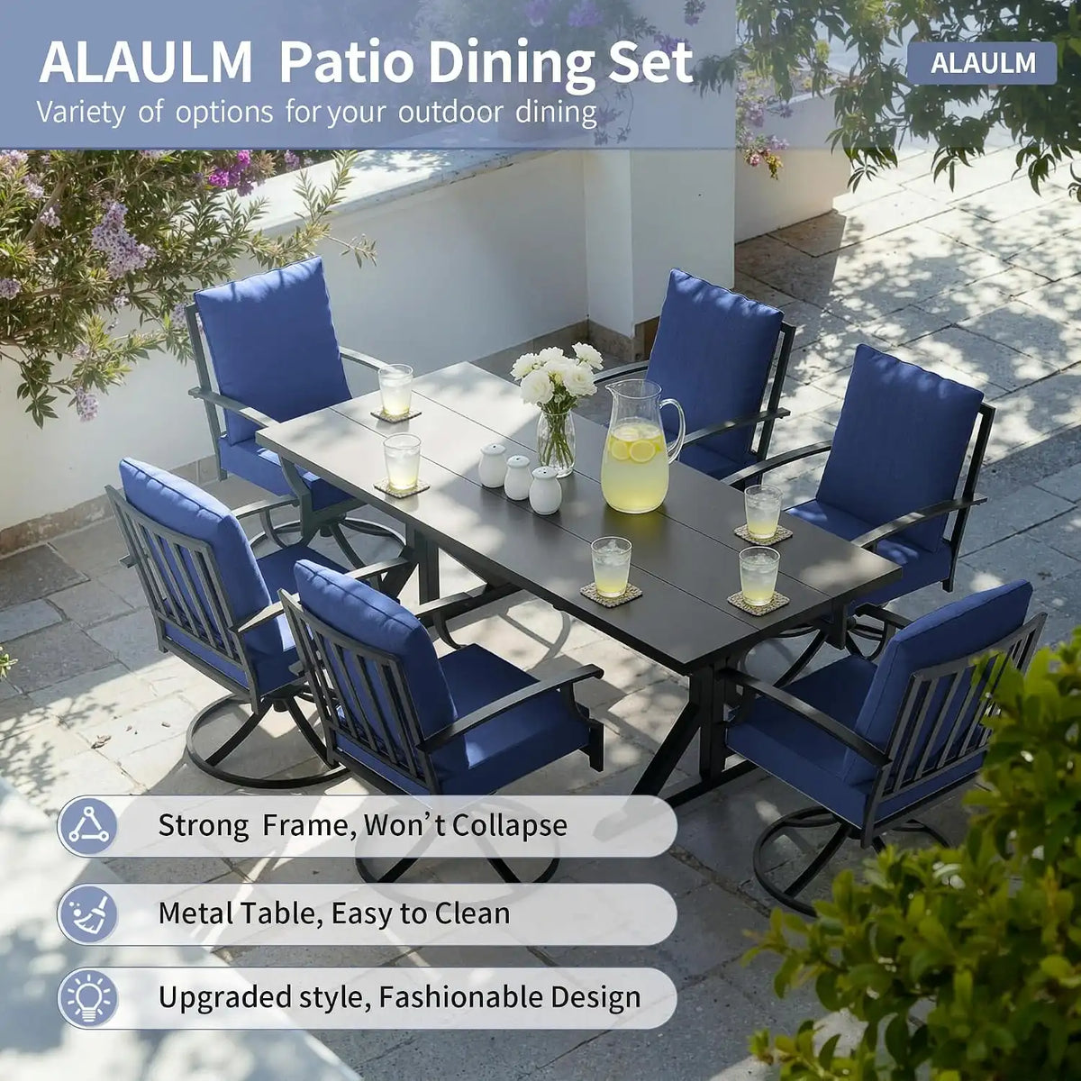 ALAULM 7-Piece Patio Dining Set,Outdoor Metal Dining Set with 6 Swivel Chairs & Rectangle Table with 1.5 Umbrella Hole, Patio Dining Table and Chairs for Backyard,Navy