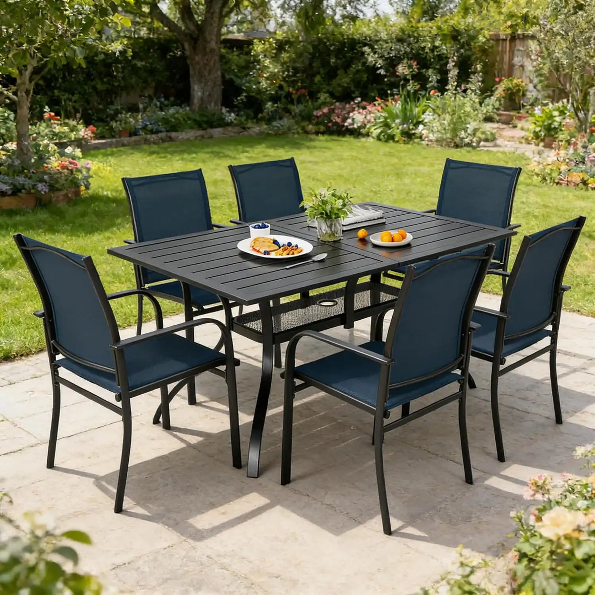 SUNCROWN 7 Pieces Outdoor Dining Set, Patio Furniture Set with 6 x Textilene Dinning Chairs and 1 60"x37" Steel Slat Metal Bistro Table for Backyard Lawn Deck Garden, Dark Blue