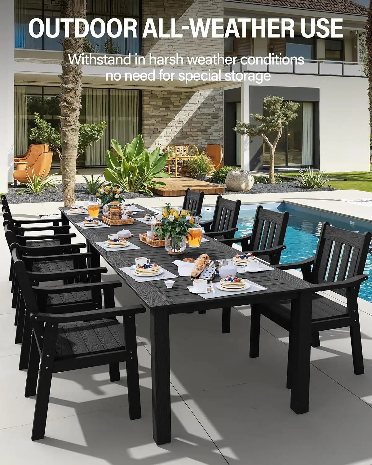 YEFU Outdoor Dining Set for 8, All-Weather HIPS, Aluminum Frame, Black
