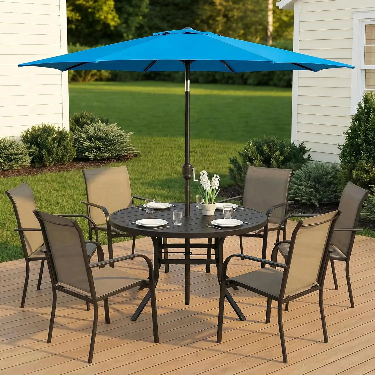 SUNCROWN 8 - Piece Outdoor Dining Set, Patio Furniture Set with 6 Textilene Dinning Chairs, 53" Metal Round Table and 1 Sky Blue 9Ft Patio Umbrella for Lawn Garden Backyard Deck, Brown