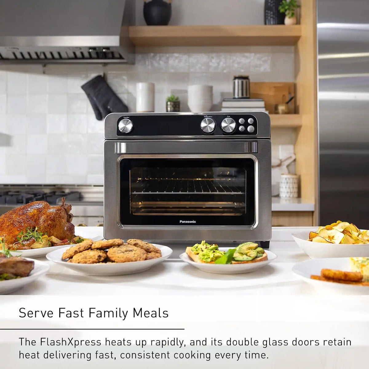 Panasonic FlashXpress Family Size Air Fryer Toaster Oven Combo, 11 Cooking Functions, 1800W PFAS-Free Interior, Double Infrared Heating, Temperature Control Dial, Stainless Steel - NB-G211P