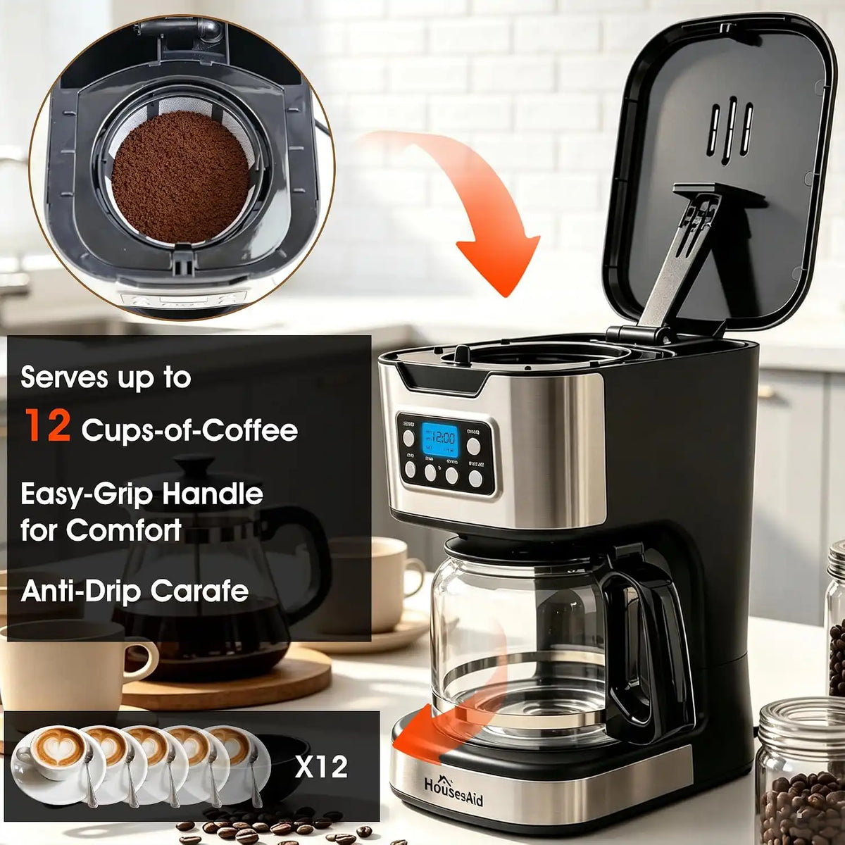 12 Cup Programmable Drip Coffee Maker, Fully Automatic Brewer