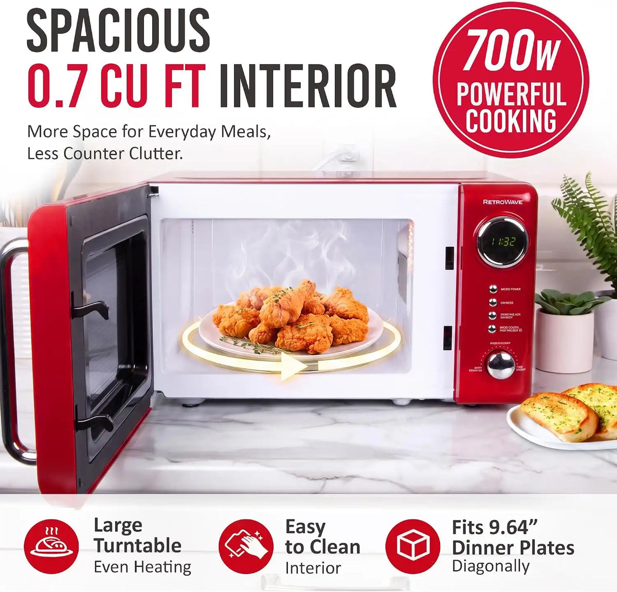 Nostalgia Retro Compact Countertop Microwave Oven - 0.7 Cu. Ft. - 700-Watts with LED Digital Display - Child Lock - Easy Clean Interior - Red