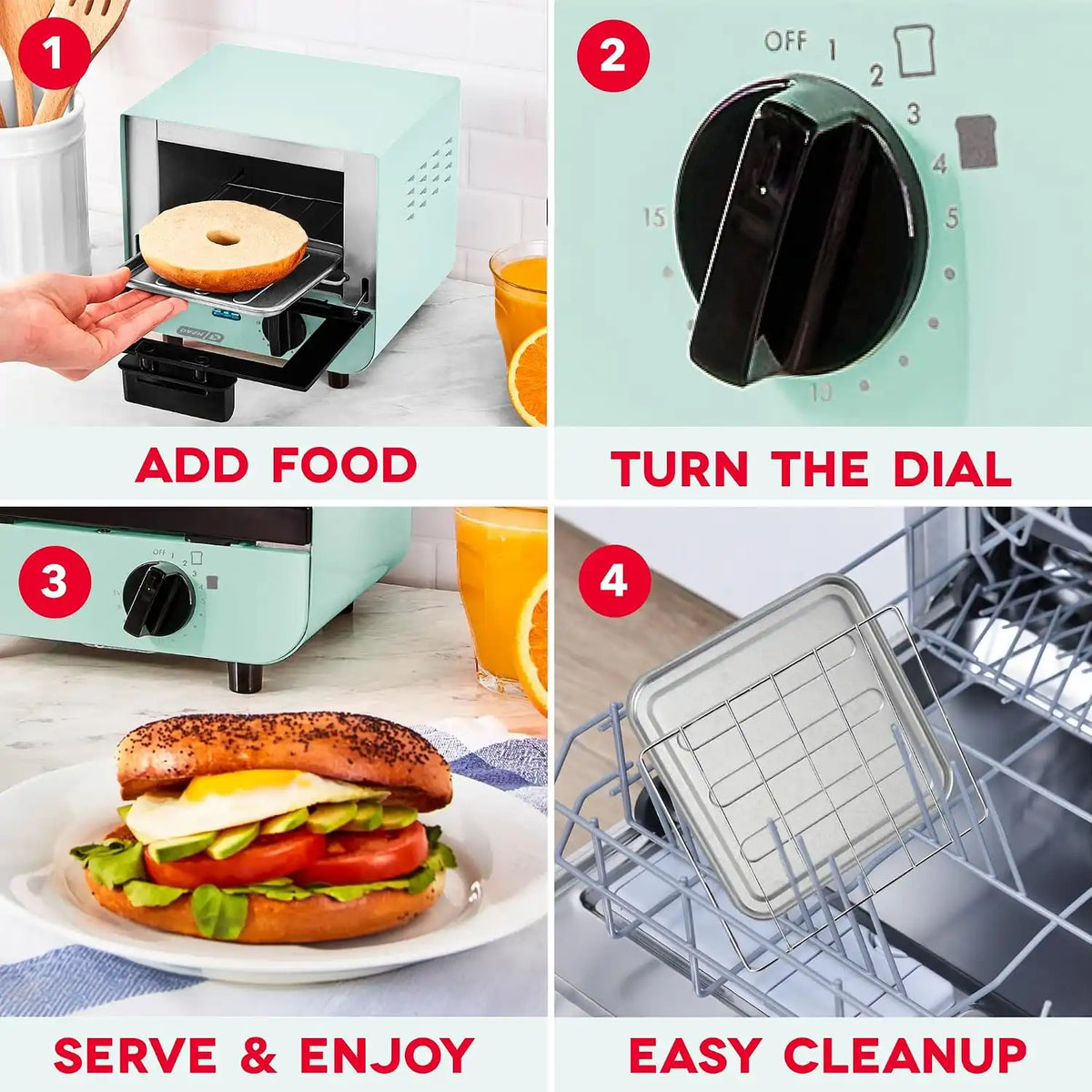 Dash Mini Toaster Oven | Small Toaster Oven for Dorms, Apartments, & Small Kitchens, Adjustable Timer Dial with Auto Shutoff, Removable Cooking Tray & Crumb Catch, Aqua