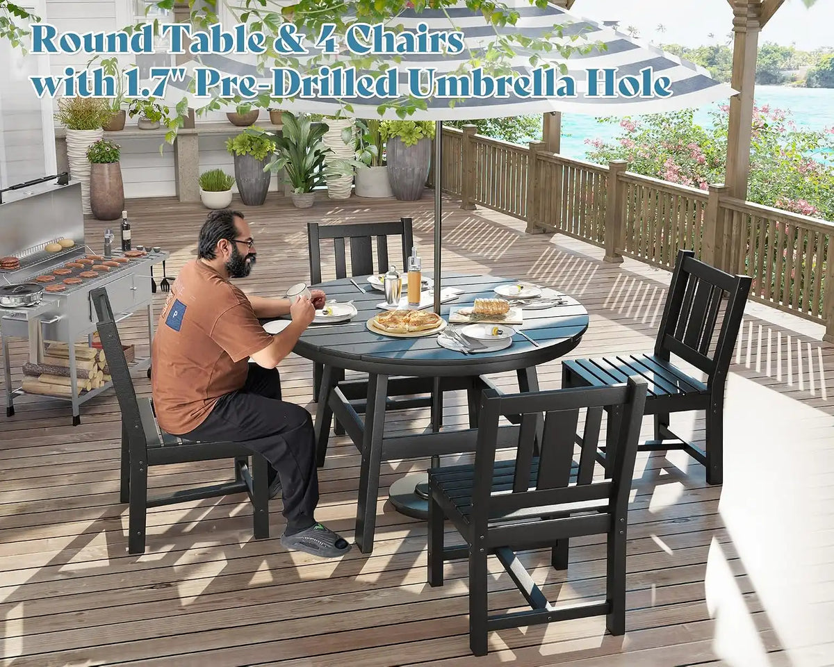 AMERLIFE Outdoor Dining Set for 4, HDPE Round Table and Chairs, Black