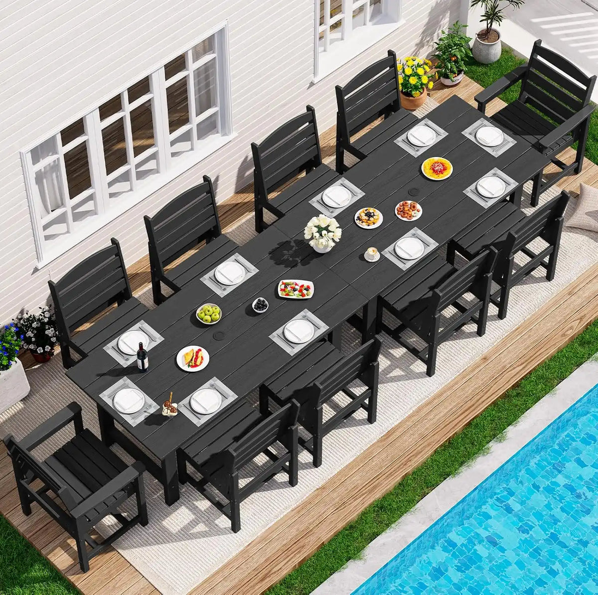 SERWALL HDPE Outdoor Dining Furniture, Outdoor Dining Set for 10, Black