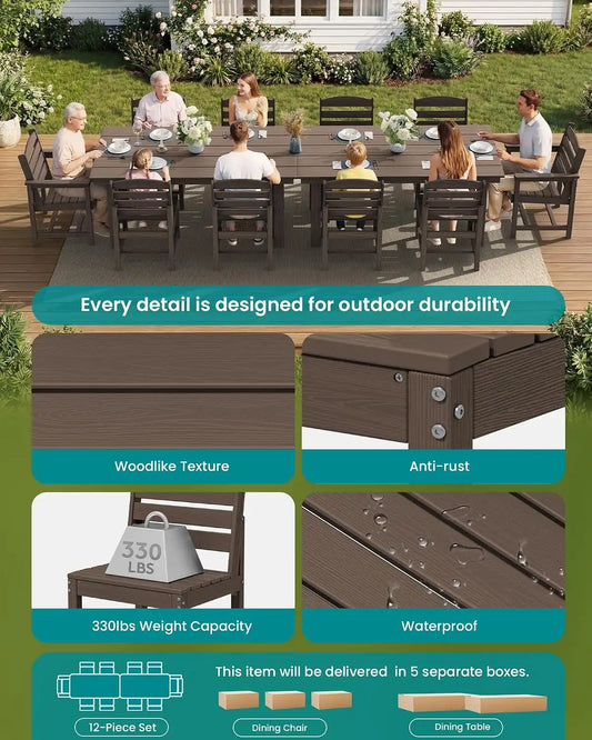 SERWALL HDPE Outdoor Dining Furniture, Outdoor Dining Set for 10, Coffee