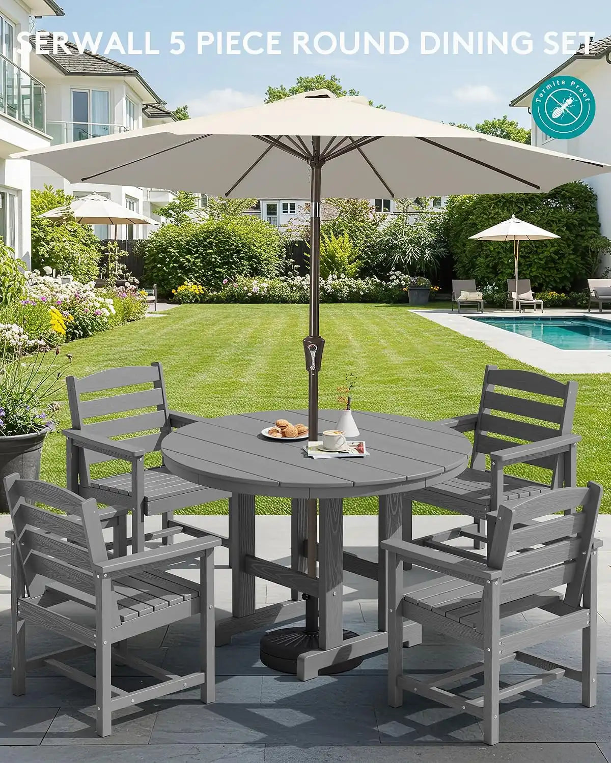 SERWALL 5-Piece Patio Round Dining Set, 45" Table, 4 Chairs, Grey