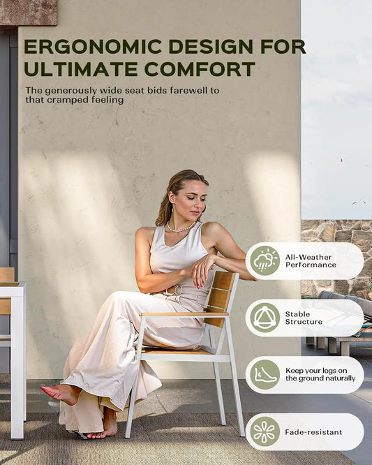 Vexwalx Outdoor Dining Set, Aluminum Dining Table Set for 4, Patio Table and Chairs Set with Umbrella Hole, All Weather HDPS Outdoor Table and Chairs for 4 (5-Piece, White-Teak)