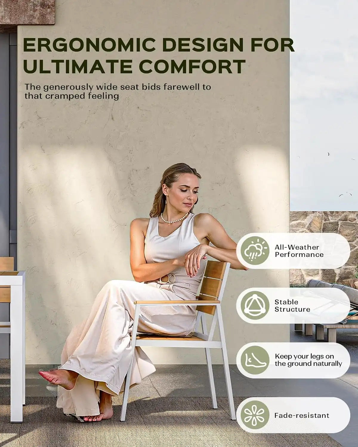 Vexwalx Outdoor Dining Set, Aluminum Dining Table Set for 6, Patio Table and Chairs Set with Umbrella Hole, All Weather HDPS Outdoor Table and Chairs for 6 (7-Piece, White-Teak)