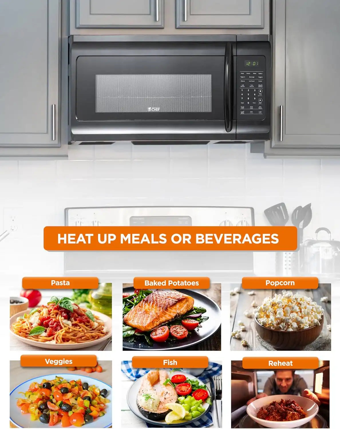 Commercial Chef 1.7 Cu. Ft. Over-The-Range Microwave Oven, CHMR17GB, Black