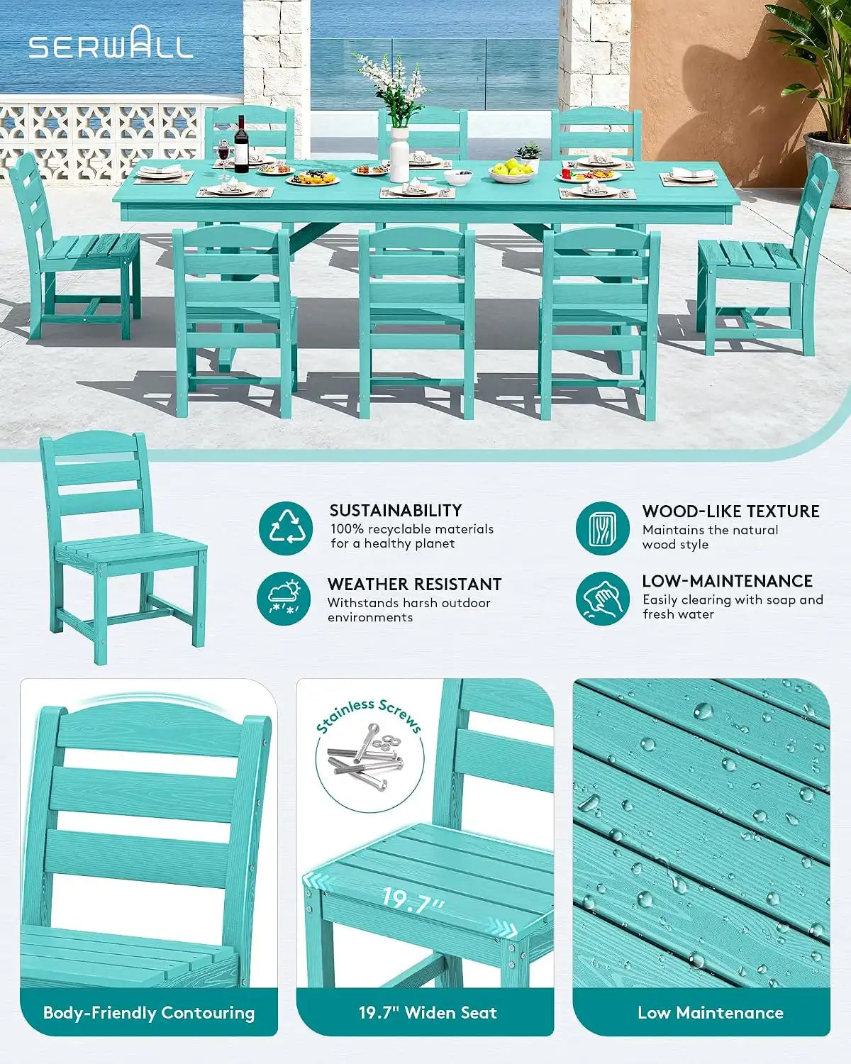 SERWALL 9Pcs 84" HDPE Outdoor Dining Set for 8 with Armless Chairs,Aruba