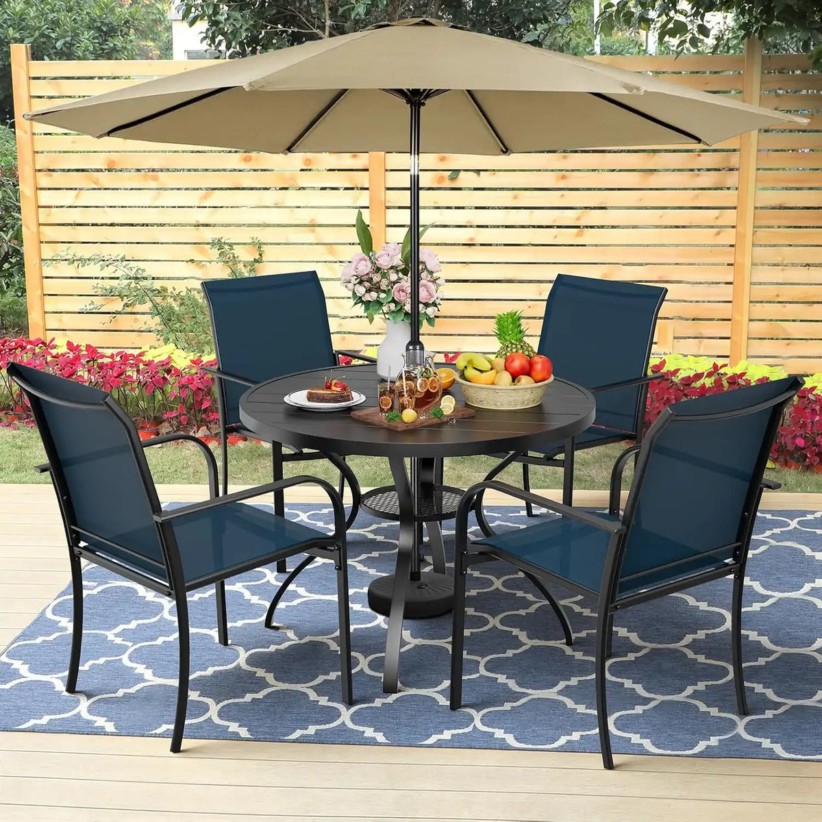 SUNCROWN 6 - Piece Outdoor Dining Set, Patio Furniture Set with 4 Textilene Dinning Chairs, 41" Metal Round Table and 1 Brown 9Ft Patio Umbrella for Lawn Garden Backyard Deck, Blue