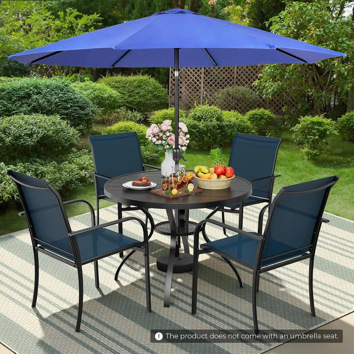 SUNCROWN 6 - Piece Outdoor Dining Set, Patio Furniture Set with 4 Textilene Dinning Chairs, 41" Metal Round Table and 1 Dark Blue 9Ft Patio Umbrella for Lawn Garden Backyard Deck, Blue