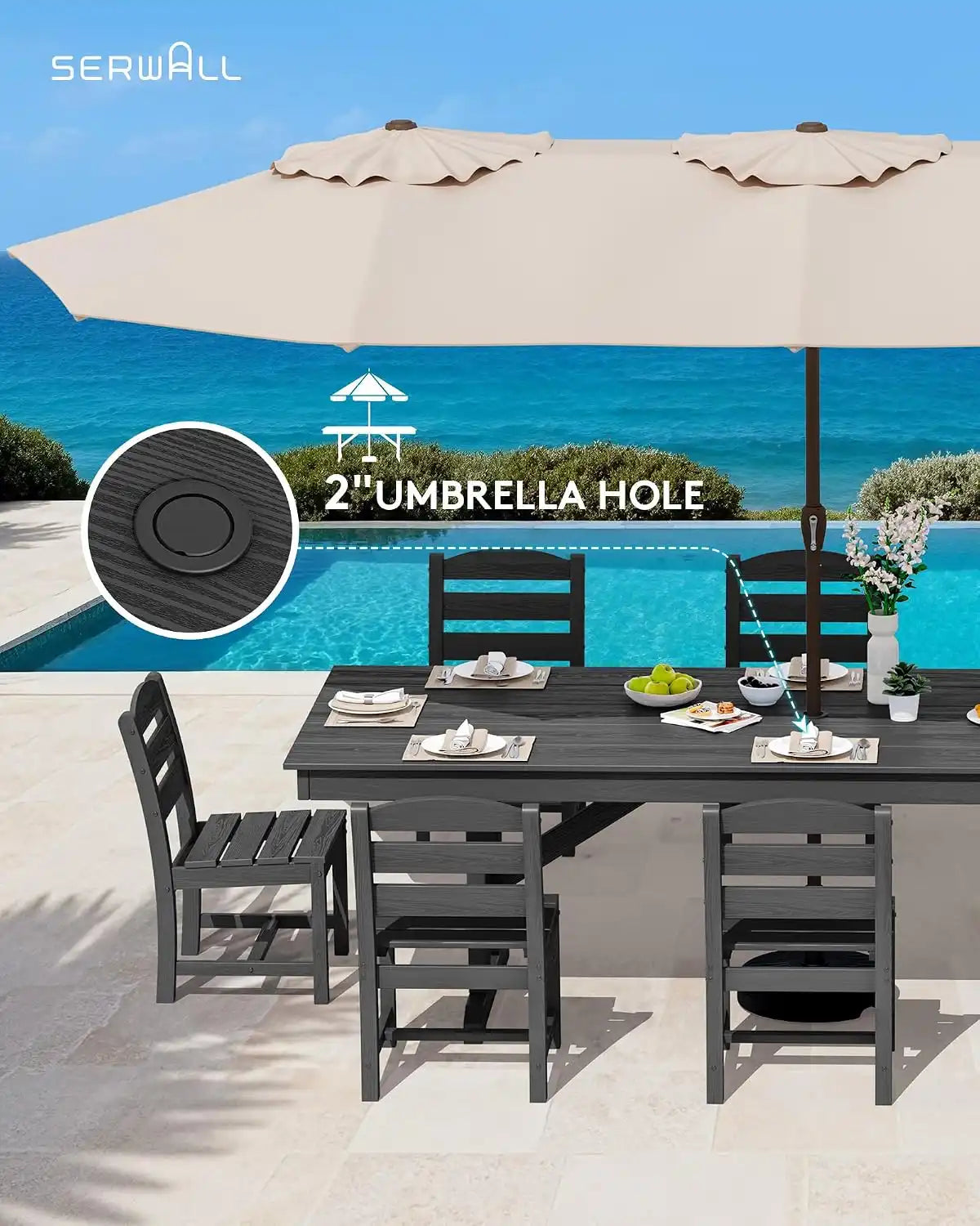 SERWALL 9Pcs 84" HDPE Outdoor Dining Set for 8 with Armless Chairs,Black