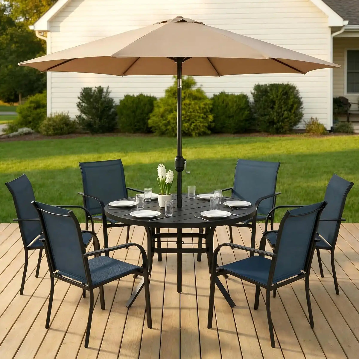 SUNCROWN 8 - Piece Outdoor Dining Set, Patio Furniture Set with 6 Textilene Dinning Chairs, 53" Metal Round Table and 1 Brown 9Ft Patio Umbrella for Lawn Garden Backyard Deck, Blue