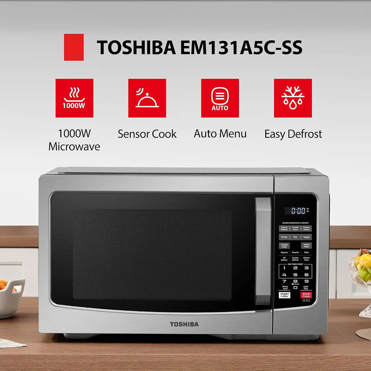 TOSHIBA Countertop Microwave Oven, 1.2 Cu.Ft, 1000W, Stainless Steel