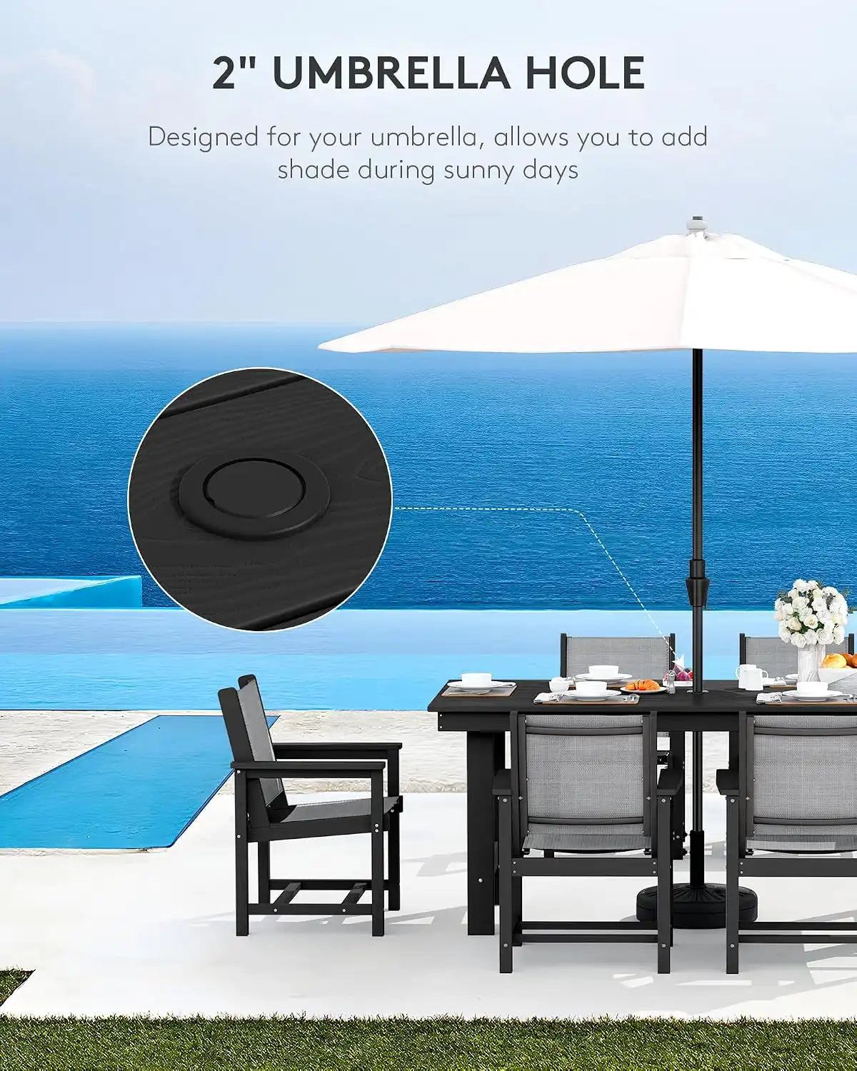 SERWALL 7 Pcs HDPE Patio Dining Set, HDPE Dining Set for 6, Black
