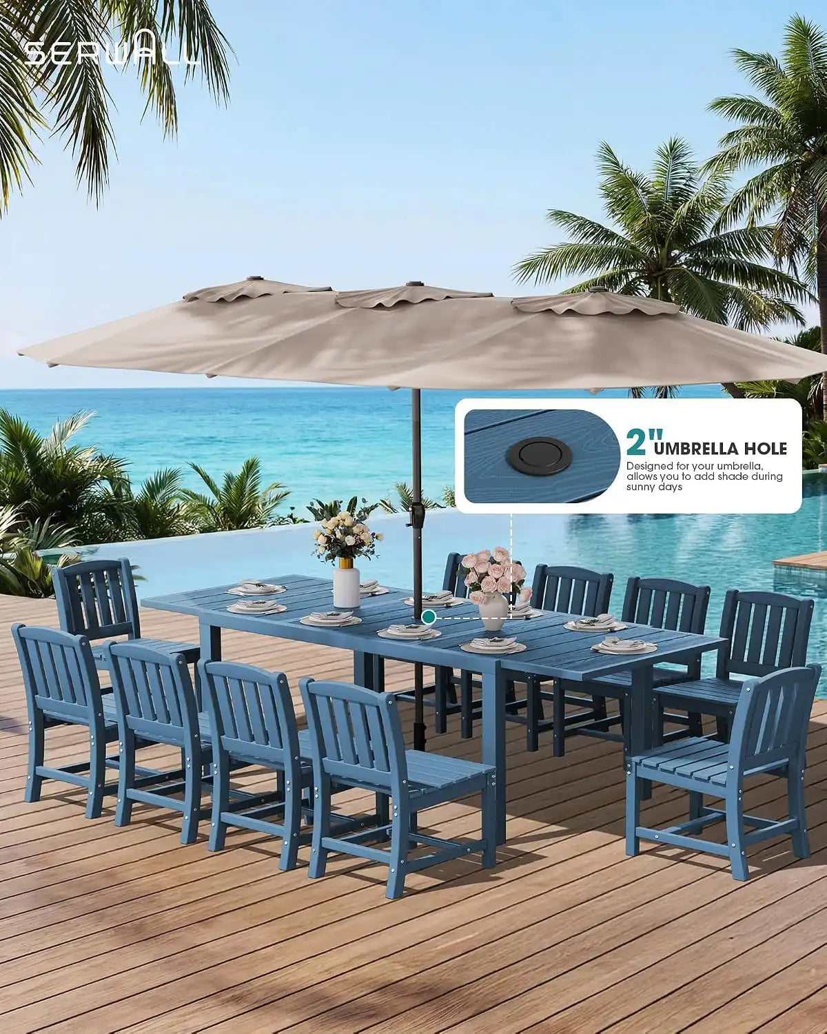 SERWALL Outdoor Patio Dining Set for 8, Blue