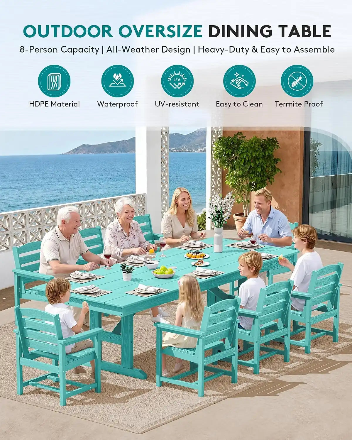 SERWALL Outdoor 84" HDPE Rectangular Dining Table for 6-8,All-Weather,Aruba
