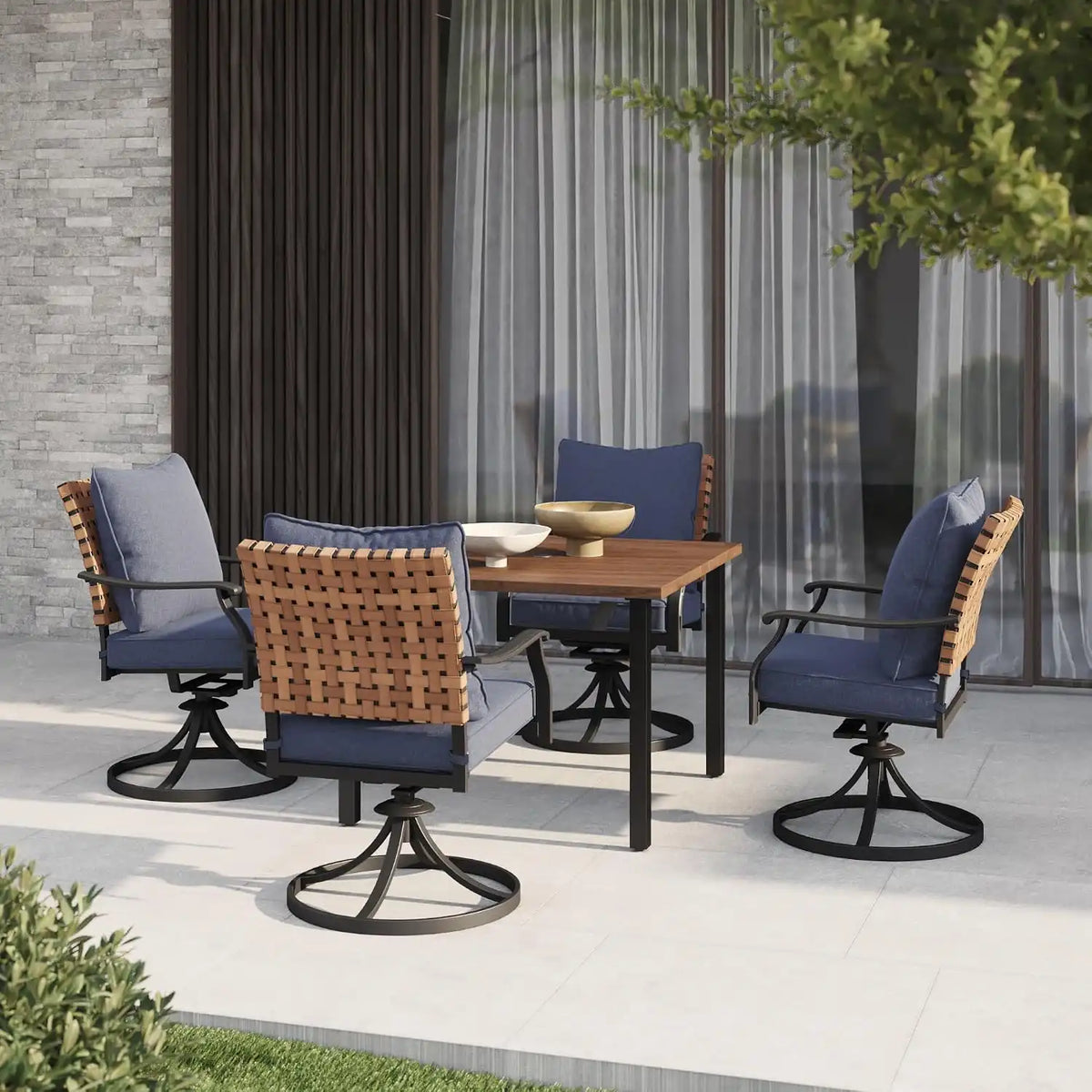 Grand patio 5-Pc Outdoor Swivel Dining Set, 4 Blue Chairs + Table, Brown