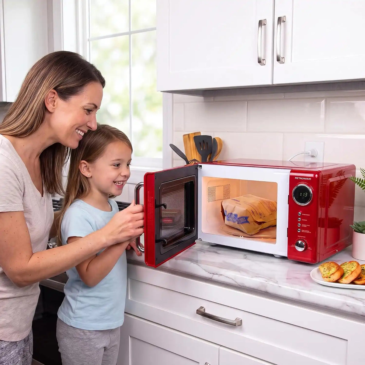 Nostalgia Retro Compact Countertop Microwave Oven - 0.7 Cu. Ft. - 700-Watts with LED Digital Display - Child Lock - Easy Clean Interior - Red