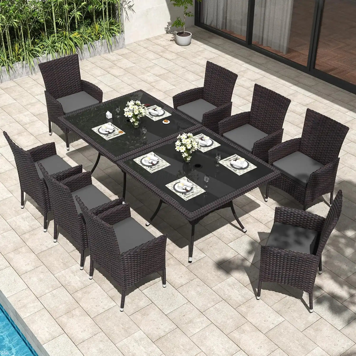 ALAULM 10 Piece Patio Dining Set All-Weather Wicker Outdoor Patio Furniture Set w/Tempered Glass Tabletop, Removable Cushions and Umbrella Hole for Patio, Backyard, Garden, Poolside (Grey)