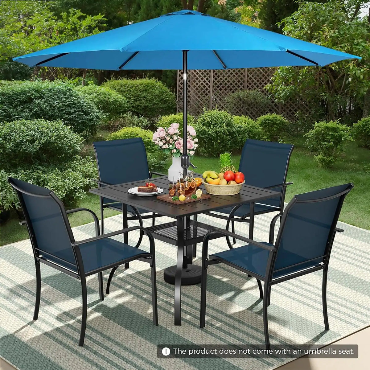 SUNCROWN 6 - Piece Outdoor Dining Set, Patio Furniture Set with 4 Textilene Dinning Chairs, 1 Steel Slat Metal Bistro Table and 1 Sky Blue 9Ft Patio Umbrella for Lawn Garden Backyard Deck, Blue