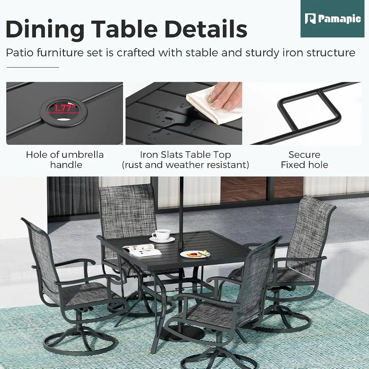 5-Piece Outdoor Dining Set, All Weather Patio Table and Chairs Set with Umbrella Hole for 4, Outdoor Table and 4 Textilene Swivel Chairs for Backyard, Poolside, Deck, Grey