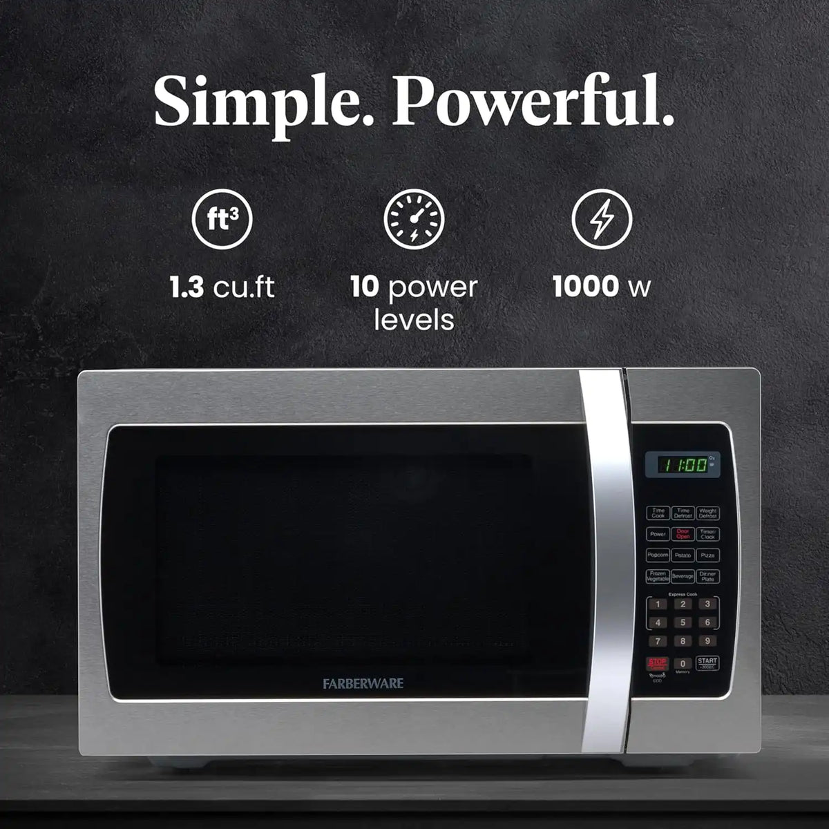 Farberware 1.3 Cu. Ft. Countertop Microwave Oven – 1000 Watts Power, Auto Cook Settings, Defrost, Easy Clean and Child Safety Lock - Stainless