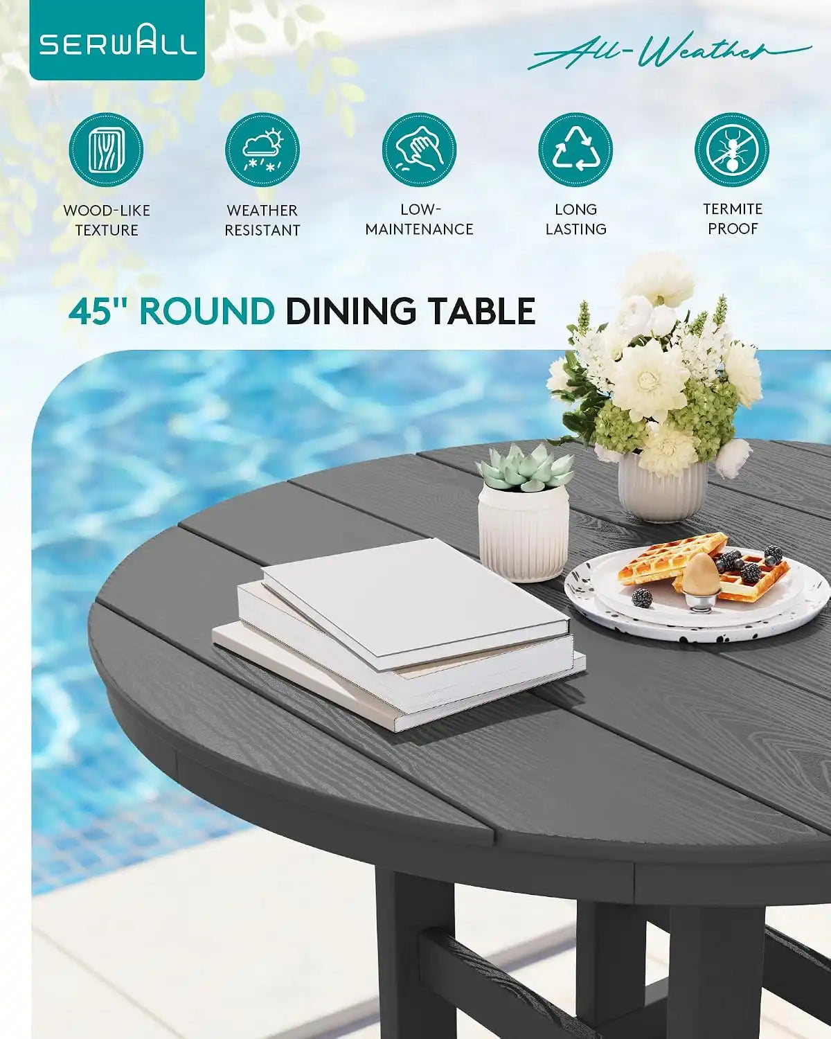 SERWALL 6-Pc Dining Set, 45" Table, 4 Chairs&9FT Umbrella, Grey (No Base)