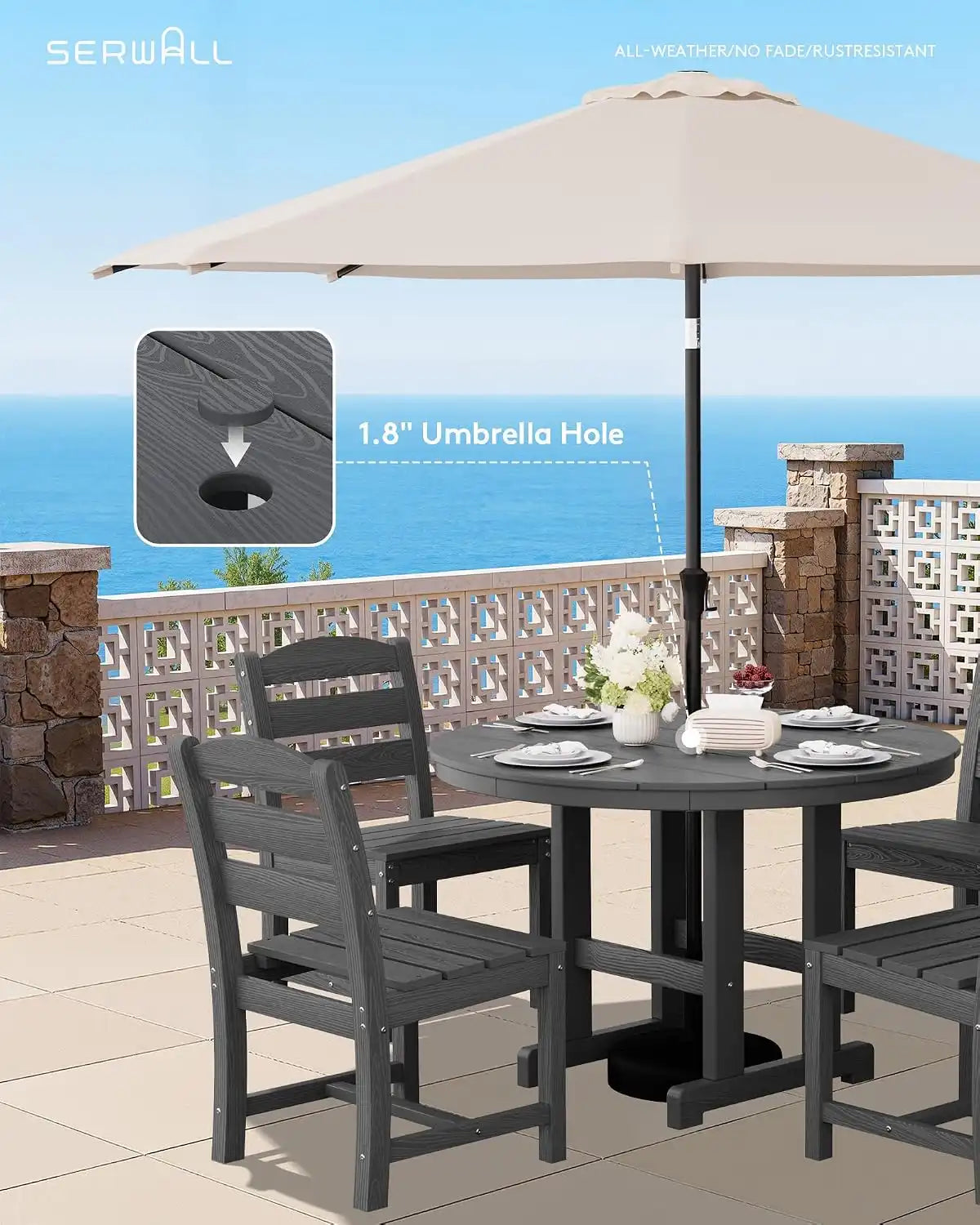 SERWALL 5-Piece Patio Dining Set, 45" Table & 4 Armless Chairs, Grey