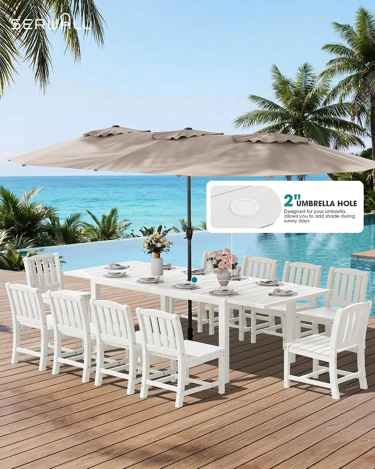 SERWALL Outdoor Dining Table and Chairs for 6, White