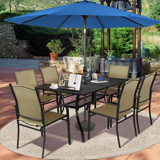 SUNCROWN 8 - Piece Outdoor Dining Set, Patio Furniture Set with 6 Textilene Dinning Chairs, 1 Rectangle Metal Table and 1 Dark Blue 9Ft Patio Umbrella for Lawn Garden Backyard Deck, Brown