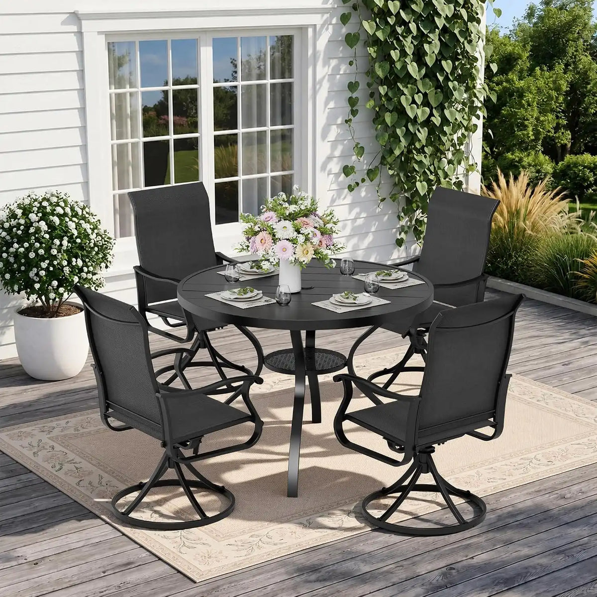 SUNCROWN 5-Piece Outdoor Patio Dining Set, All Weather Round Metal Table & 4 Black Swivel Textilene Mesh Chairs, Weather Resistant Patio Furniture for Deck Lawn Garden Backyard Poolside