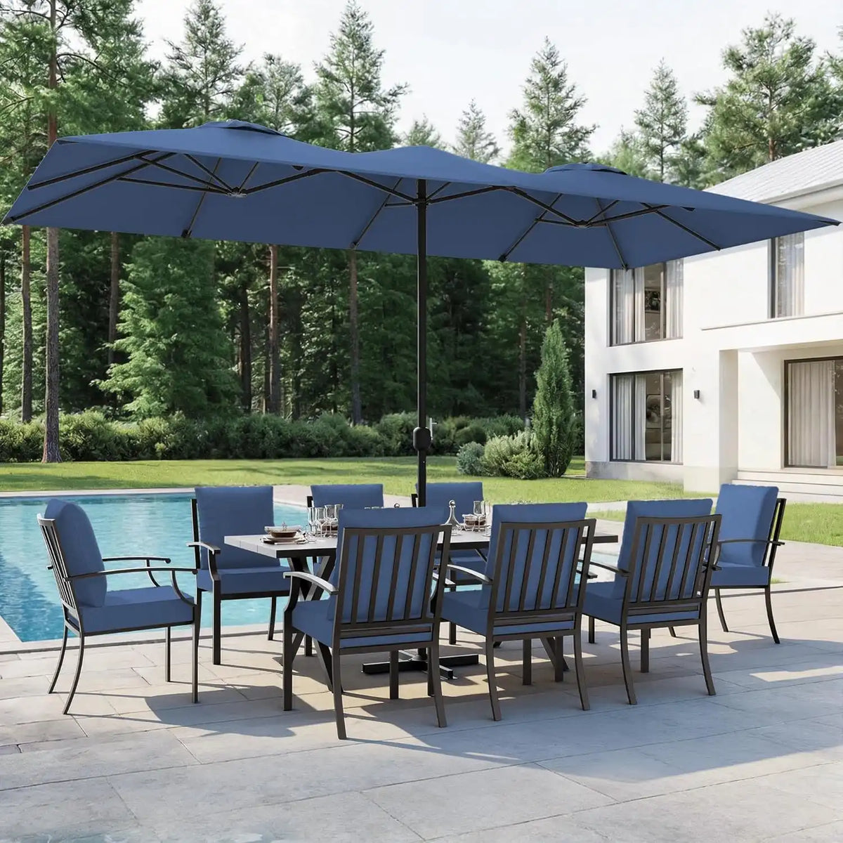 10 PCS Outdoor Patio Dining Set with 13.6ft Double-Sided Patio Umbrella,Patio Table and Chairs Metal Outdoor Patio Furniture Set,Dining Table Set with 8 Chairs,Navy Blue