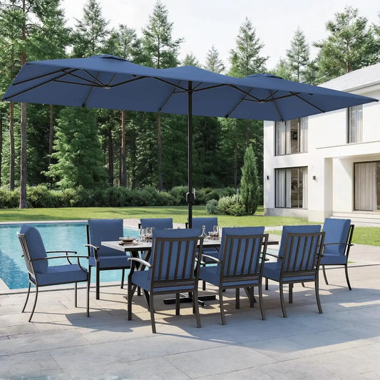 10 PCS Outdoor Patio Dining Set with 13.6ft Double-Sided Patio Umbrella,Patio Table and Chairs Metal Outdoor Patio Furniture Set,Dining Table Set with 8 Chairs,Navy Blue