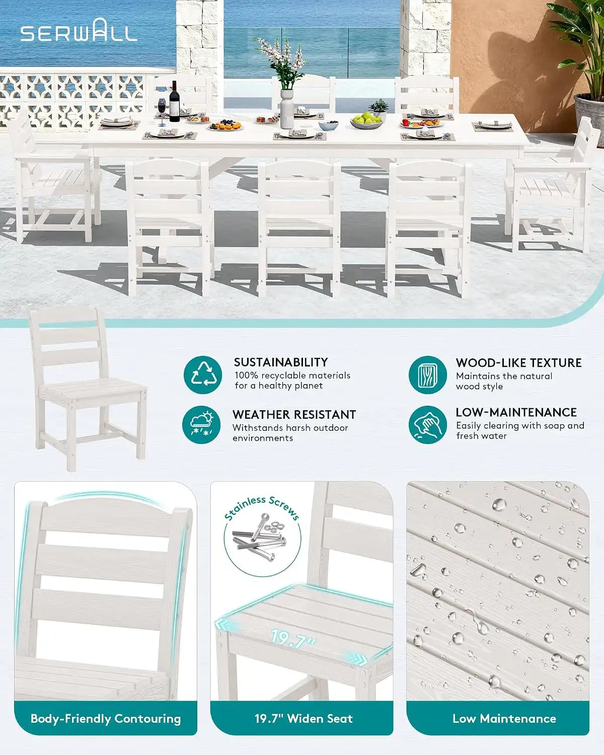 SERWALL 9Pcs HDPE Outdoor Dining Set w/6 Armless, 2 Armchairs for 8,White