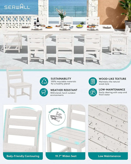 SERWALL 9Pcs HDPE Outdoor Dining Set w/6 Armless, 2 Armchairs for 8,White