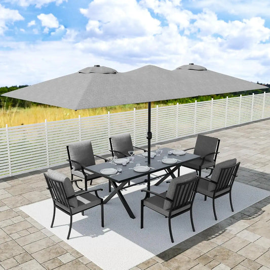 8 PCS Outdoor Patio Dining Set with 13.6ft Double-Sided Patio Umbrella,Patio Table and Chairs Metal Outdoor Patio Furniture Set,Dining Table Set with 6 Chairs,Grey