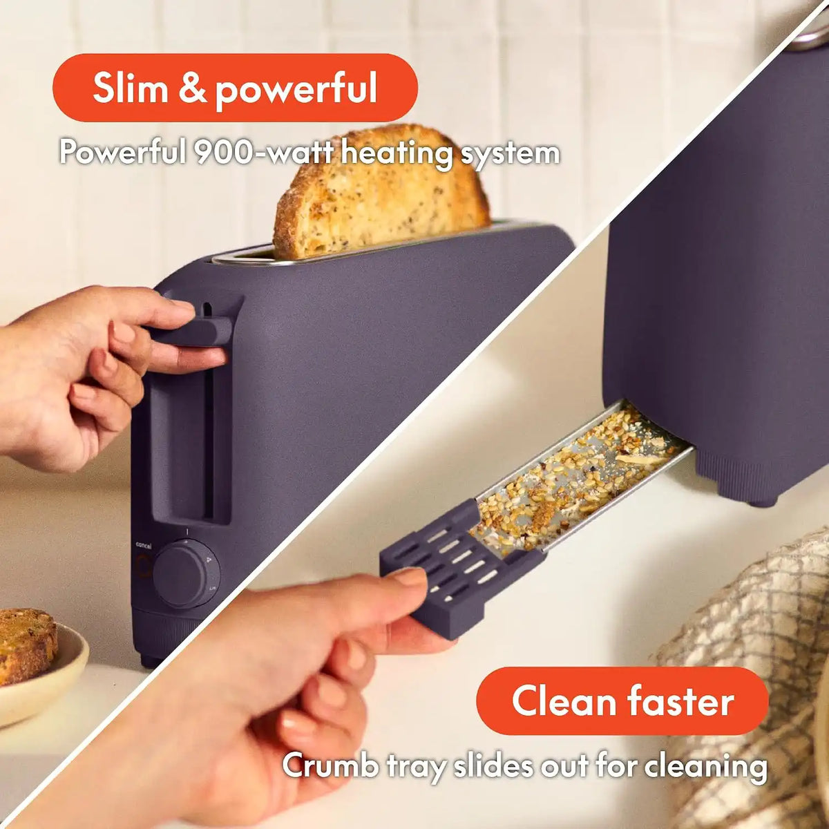 bella 2 Slice Slim Toaster, Fits-anywhere™ Kitchenware, 6 Setting Shade Control with Reheat & Cancel Buttons, Fits Sourdough, 10” Long Slot, Anti Jam & Auto Shutoff, 900 Watt, Plum