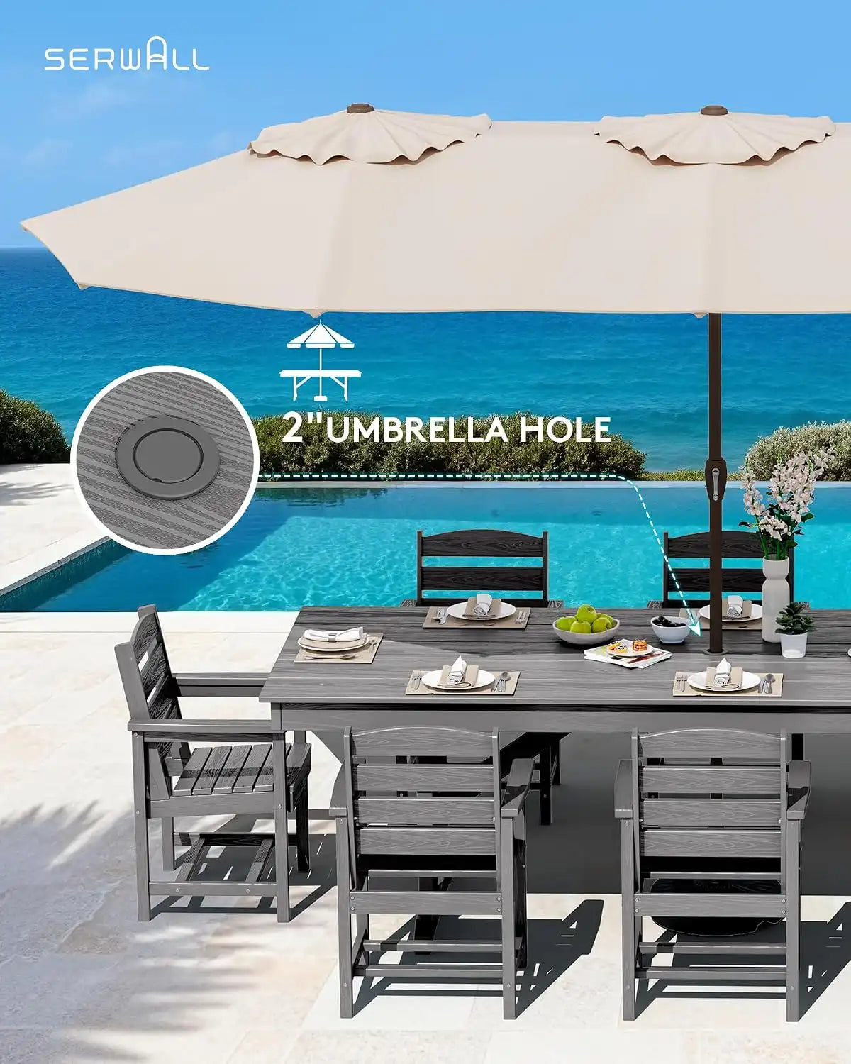 SERWALL 9Pcs 84" HDPE Outdoor Dining Set for 8 with Armchairs,Gray